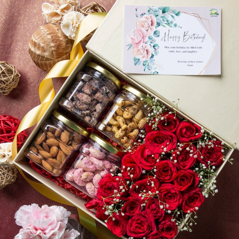 Fresh Roses with Flavored Nuts Gourmet Hamper